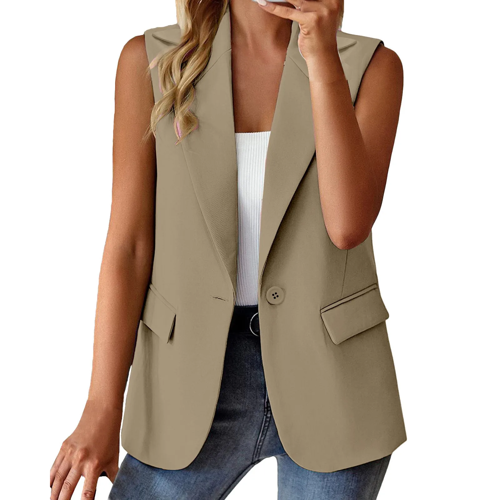 Lapel Single Button Women Waistcoat Sleeveless Vest Coat For Women Female Outerwear Chic Tops Formal OL Style Commute Coat