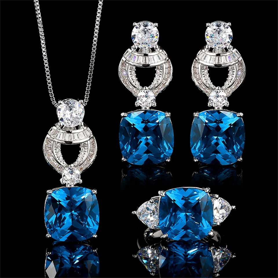 

New Blue Spinel Retro Style Set Main Stone 12*12 Square Sapphire Diamond Set Stainless Steel Ring Necklace Earrings Jewelry Set