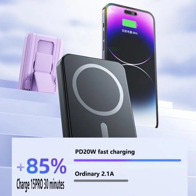 20000mAh Magnetic power Bank: Foldable bracket, wireless charging, built-in cable.Portable mini design for on-the-go.