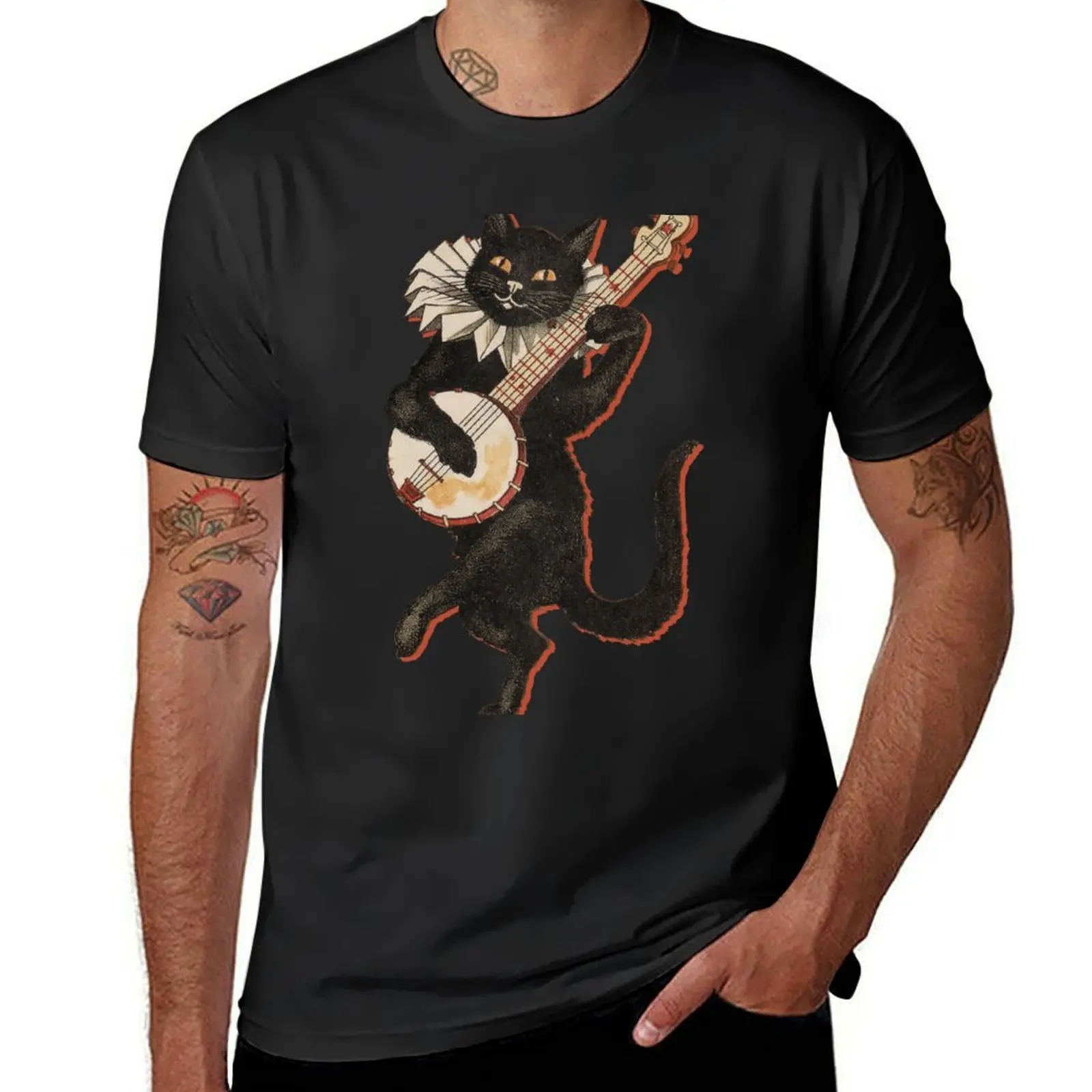 The Black Cat. Vintage Illustration of cat dancing and playing the banjo. 1896 T-Shirt blacks boys animal print men clothings