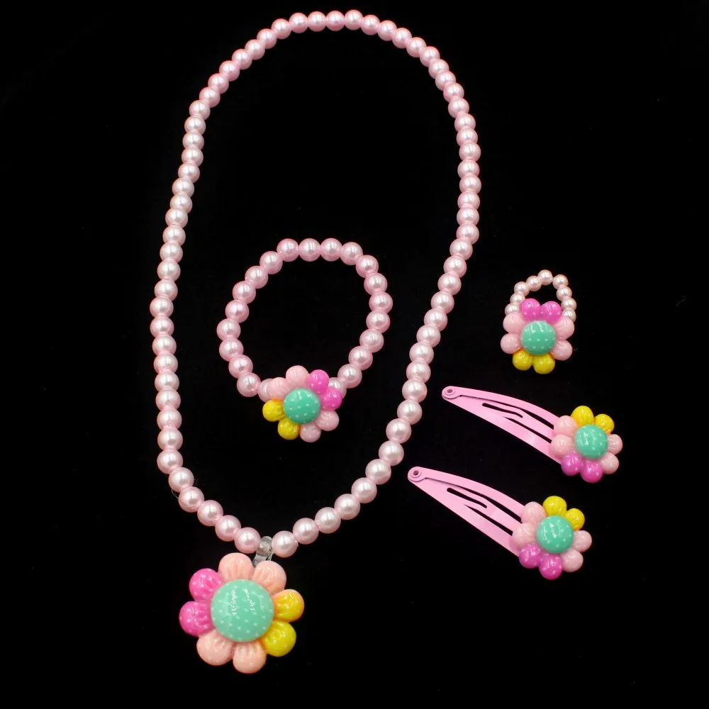 1Set Schöne Sonnenblume Kinder Schmuck Set für Baby Mädchen Perlen Halskette Armband Ring Haar Zubehör Prinzessin Party Geschenk