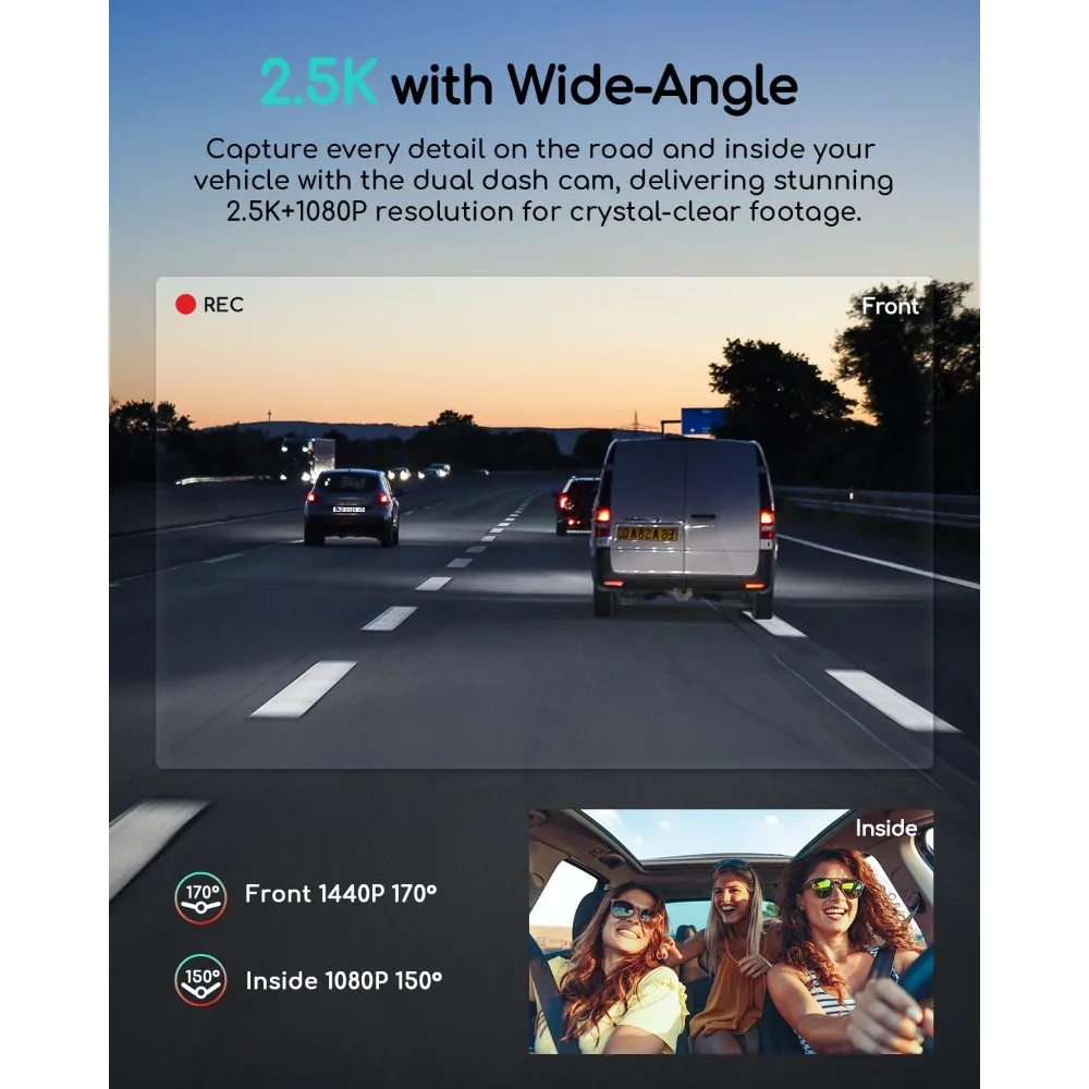 كاميرا COOAU D20 Dual Dash أمامية وداخلها مع بطاقة 256 جيجابايت ونظام تحديد المواقع WiFi، كاميرا داش 2.5K 1080P للسيارات، كاميرا داش كام مثالية لـ U-BER