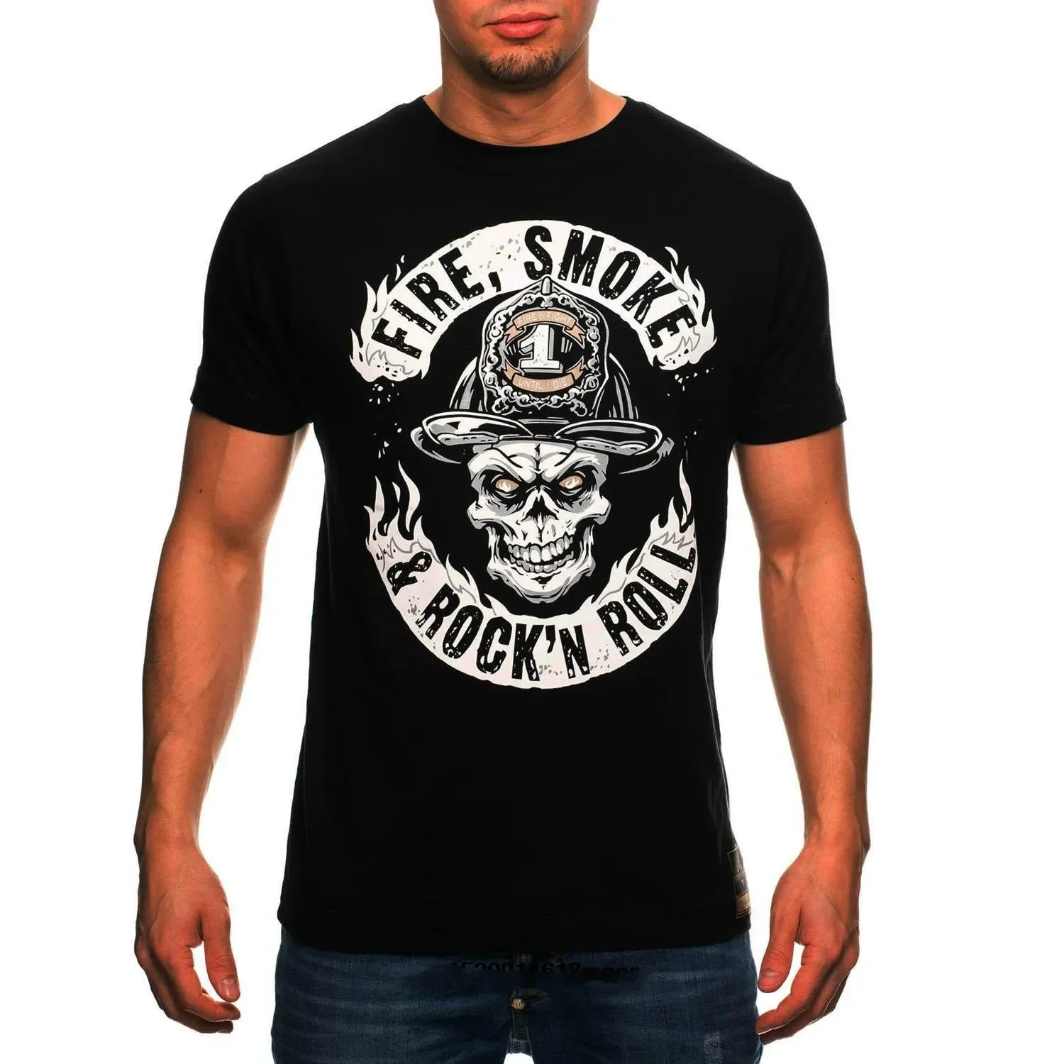 Fireman Skull Fire Smoke Rock 'n' Roll Firefighter T-Shirt 100% Cotton O-Neck Summer Short Sleeve Casual Mens T-shirt Size S-3XL