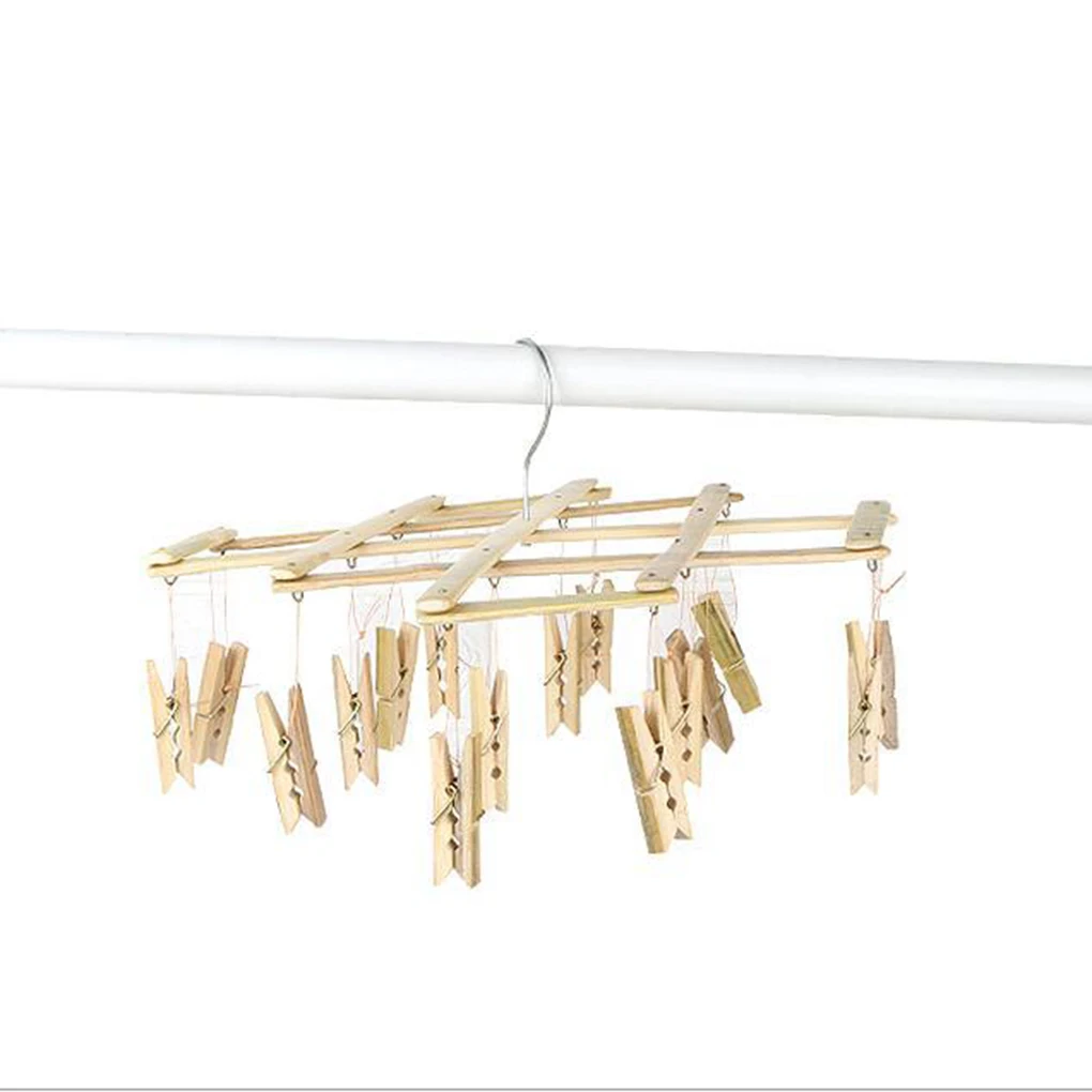 Bamboo 16 Clip Drying Rack Folding Laundry Clothespins Clotheshorse Socks Hook Underwear Hanger