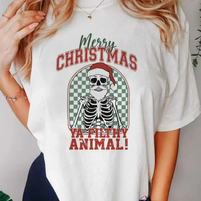 Santa Skeleton Pattern Simple Casual Short Sleeved Women's Street Cute Cartoon T-Shirt Casual Clothing Fashionable O-Neck T-Shir