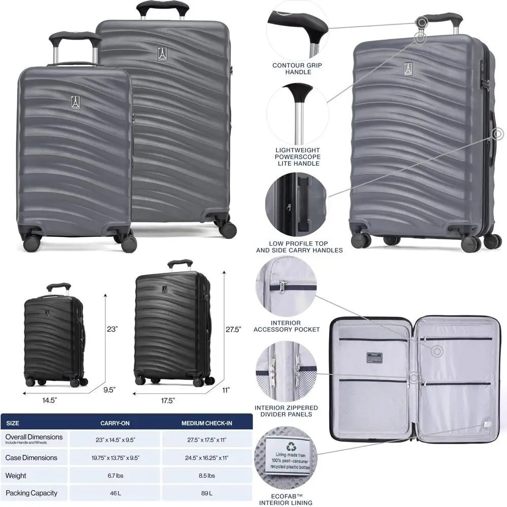 Conjunto de bagagem rígida expansível leve com 8 rodas giratórias, trava TSA, cinza sombra, tamanho pequeno de 2 peças