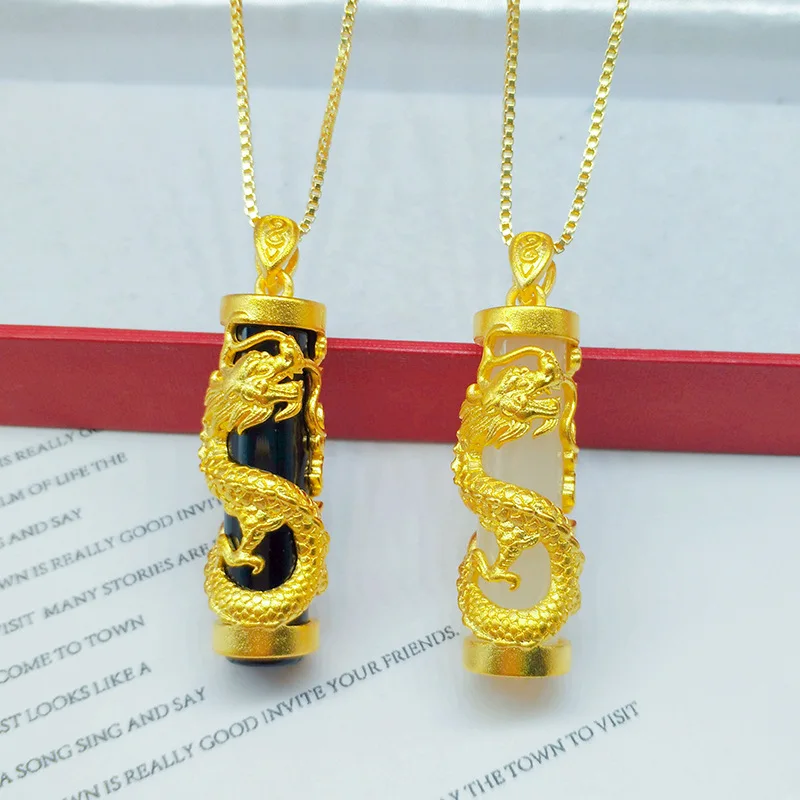 

AU999 24K Gold Coiling Dragon Pillar Pendant | Hollow - carved dragon, onyx - eyed, cloud - engraved, stylish & mythic