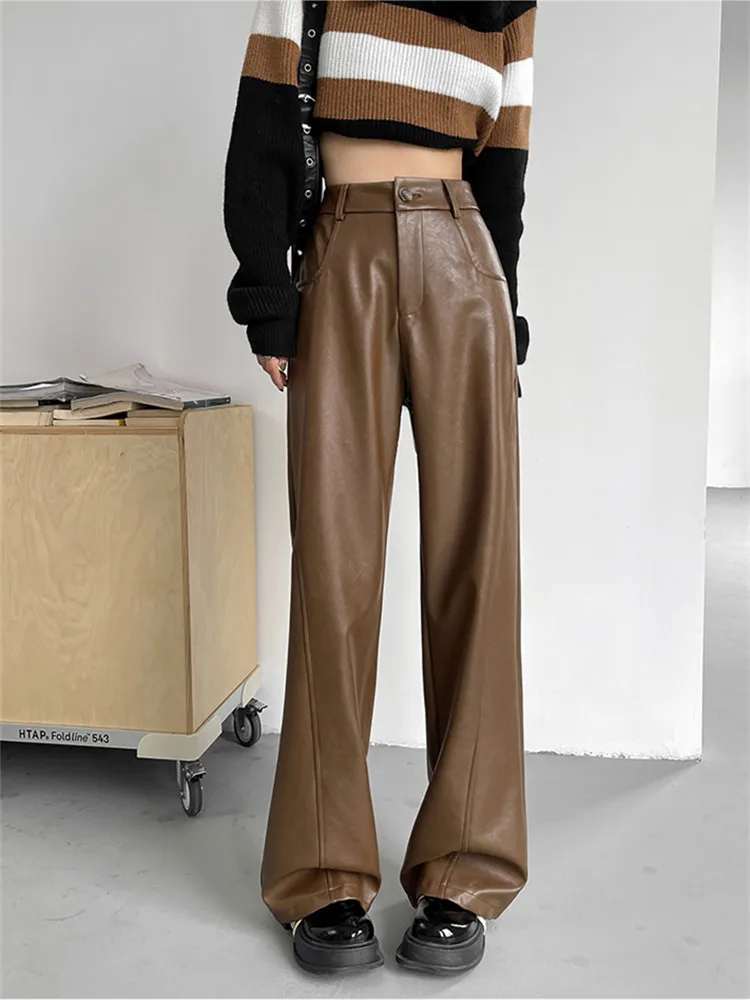 

Pu Leather Pants Women Harajuku Y2K High Waist Fashion Wide Leg Pant Black Brown Femme Chic 2024 Spring Fall Trousers Pantalones