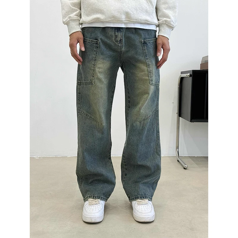 American Retro Washed Multi-Pocket Workwear Jeans Men's High Street Casual Loose Straight Leg Wide Leg Casual Long Trousers