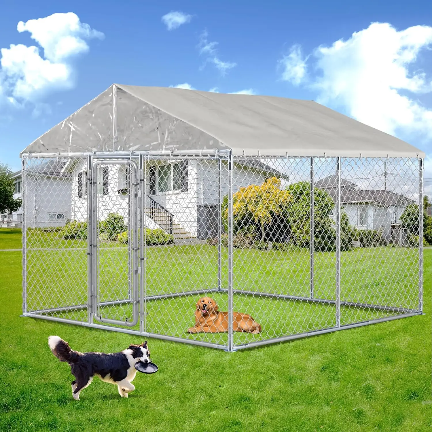 Large Outdoor Dog Kennel with Roof Heavy Duty Run Enclosure Pet Playpen Galvanized Chain Link Waterproof Cover, Customized