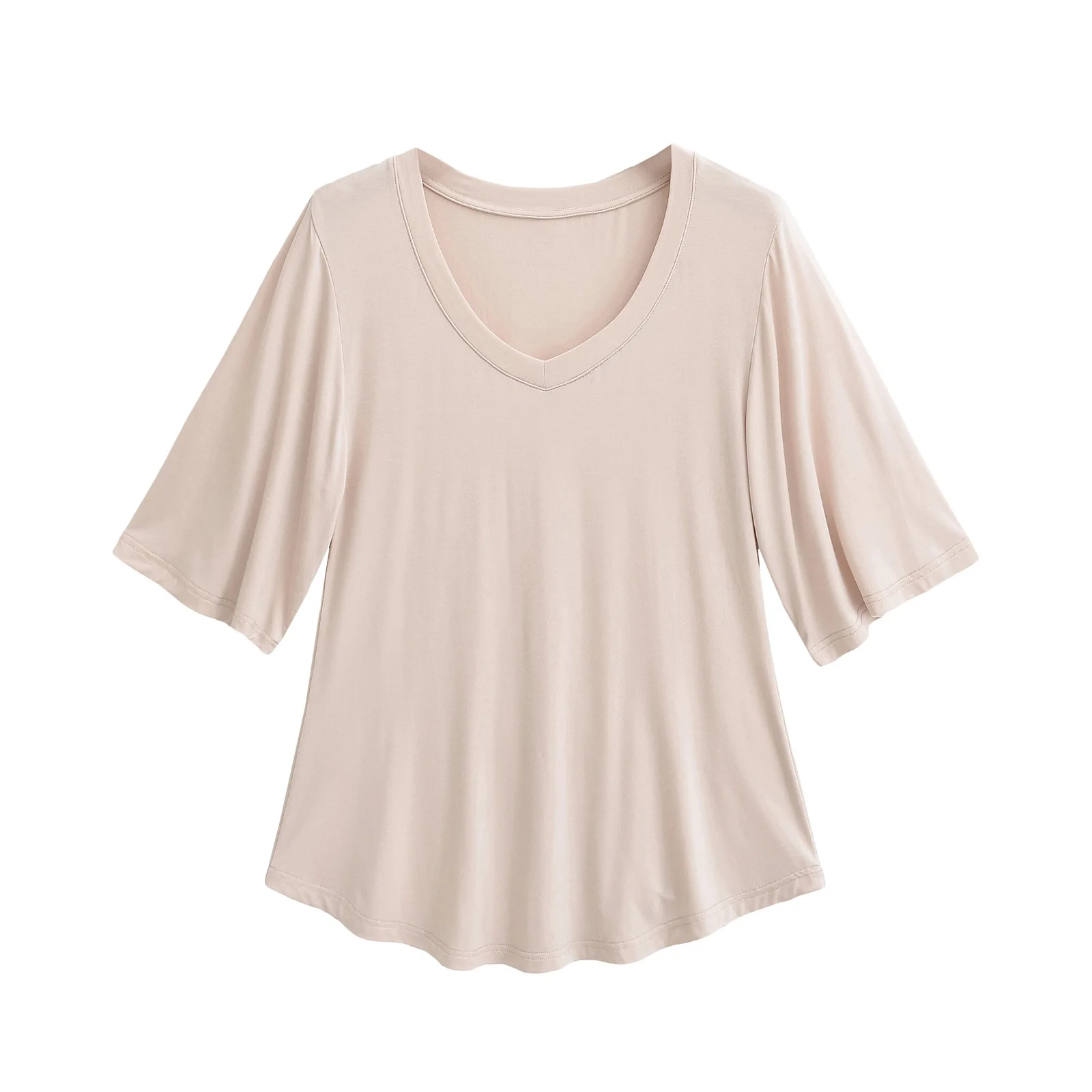 Summer Water-Feel Mask T-Shirt for Women 2025 Casual and Purely Alluring Style Deep V-Neck Straight Shoulder Curved Hem TBR9