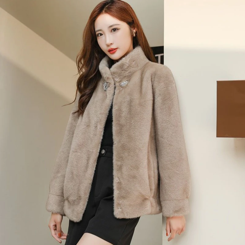 

Artificial Mink-Fur Parkas for Women, Short Imitation Fur, Casual Outwear, Thick Warm, Stand Collar, Middle-Aged Women, New