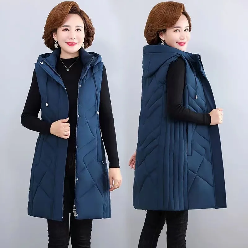 Winter Middle-aged Mother Down Cotton Vest Jacket Women Thick Parka Hooded Sleeveless Jacket Coat Female Long Waistcoat 5XL 6XL