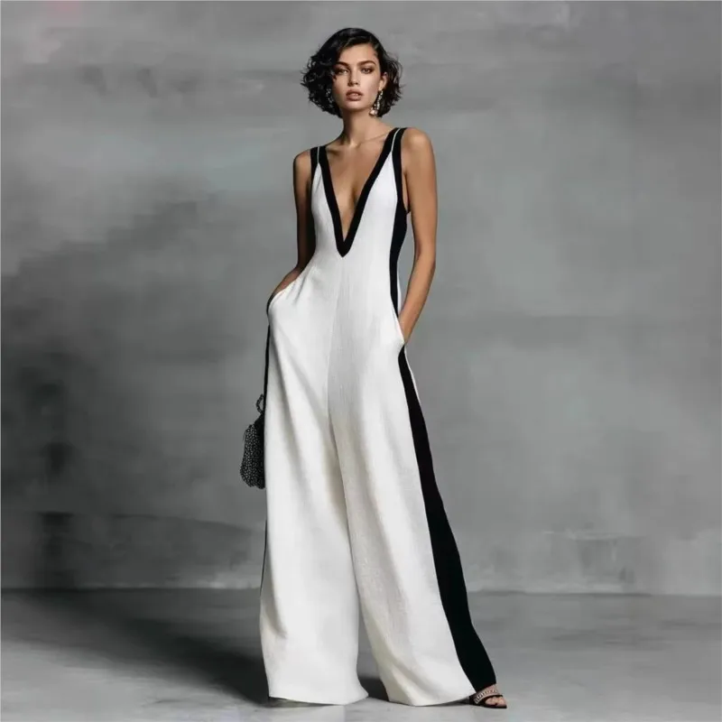 

Женский сексуальный комбинезон с глубоким V-образным вырезом и широкими штанинами, весенний элегантный комбинезон в полоску с лоскутным дизайном, летний комбинезон без рукавов на молнии