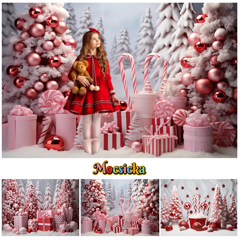 

Mocsicka Winter Xmas Backdrop Snowy Christmas Tree Candy Decor Children Portrait Birthday Party Studio Photography Background