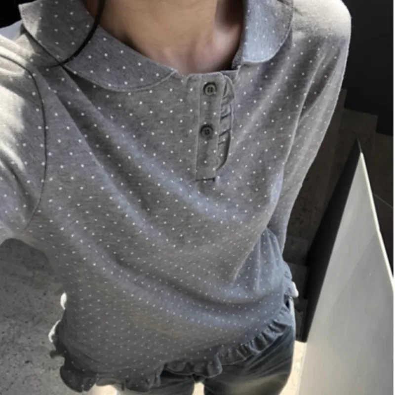 Matakawa Y2k Kawaii T Shirt for Women Polka Dot Peter Pan Collar Sweet Ropa De Mujer Korean Fashion Spring Autumn Cute Tees