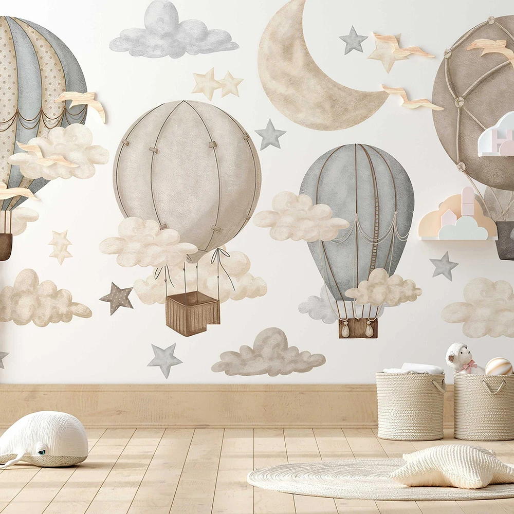 Cartoon Hot Air Balloon and Star Wall Sticker Playroom Kids Room Moon Cloud Wall Decal Bedroom Home Decor