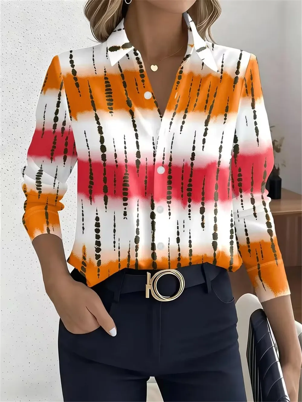 Fashion Striped Women's High Street Shirts Long Sleeve 3d Printed Ladies Trend Blouse 3XL Big Size Turn-Down Collar Casual Shirt