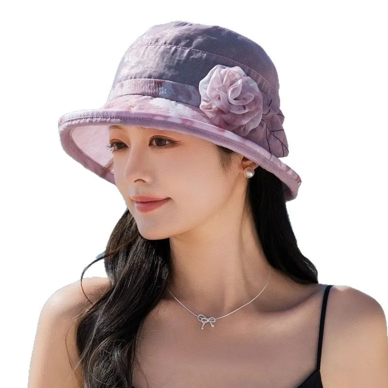 Middle-aged Mom Western Style Fisherman Hat Summer Thin Type Sunscreen Sun Hat Curling Flower Bowler Hat Female Mom Hat