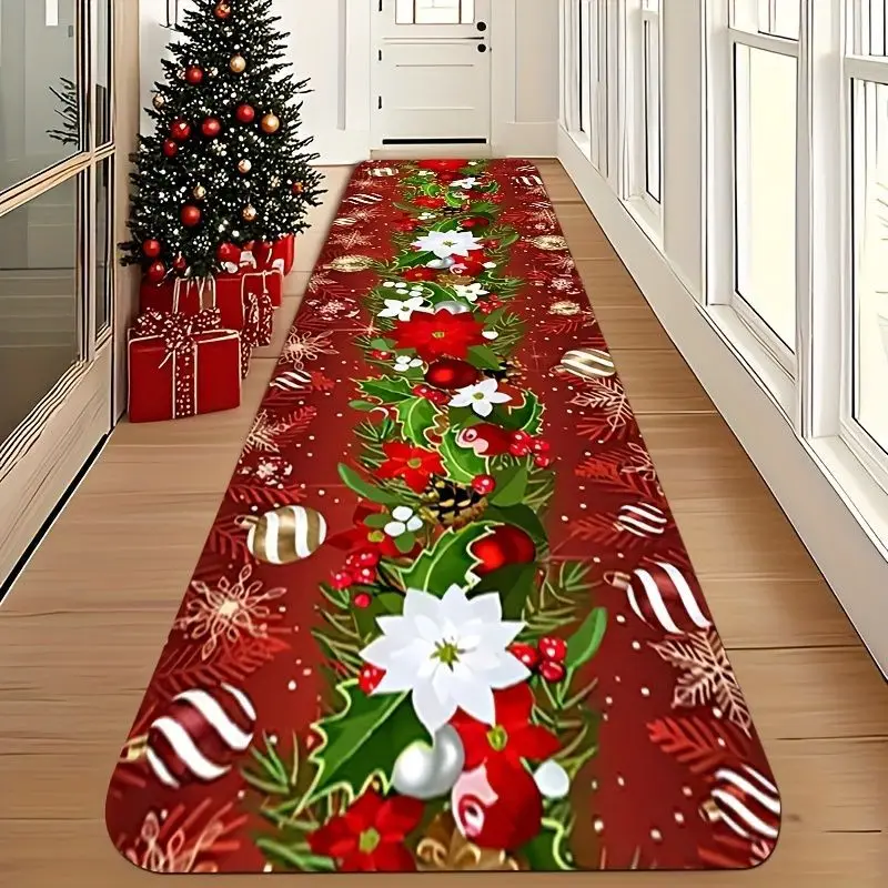 VIKAMA Christmas Floral Runner Rug Poinsettia Holly Ornament Print Non Slip Washable Mat Hallway Entryway Winter Festive Decor