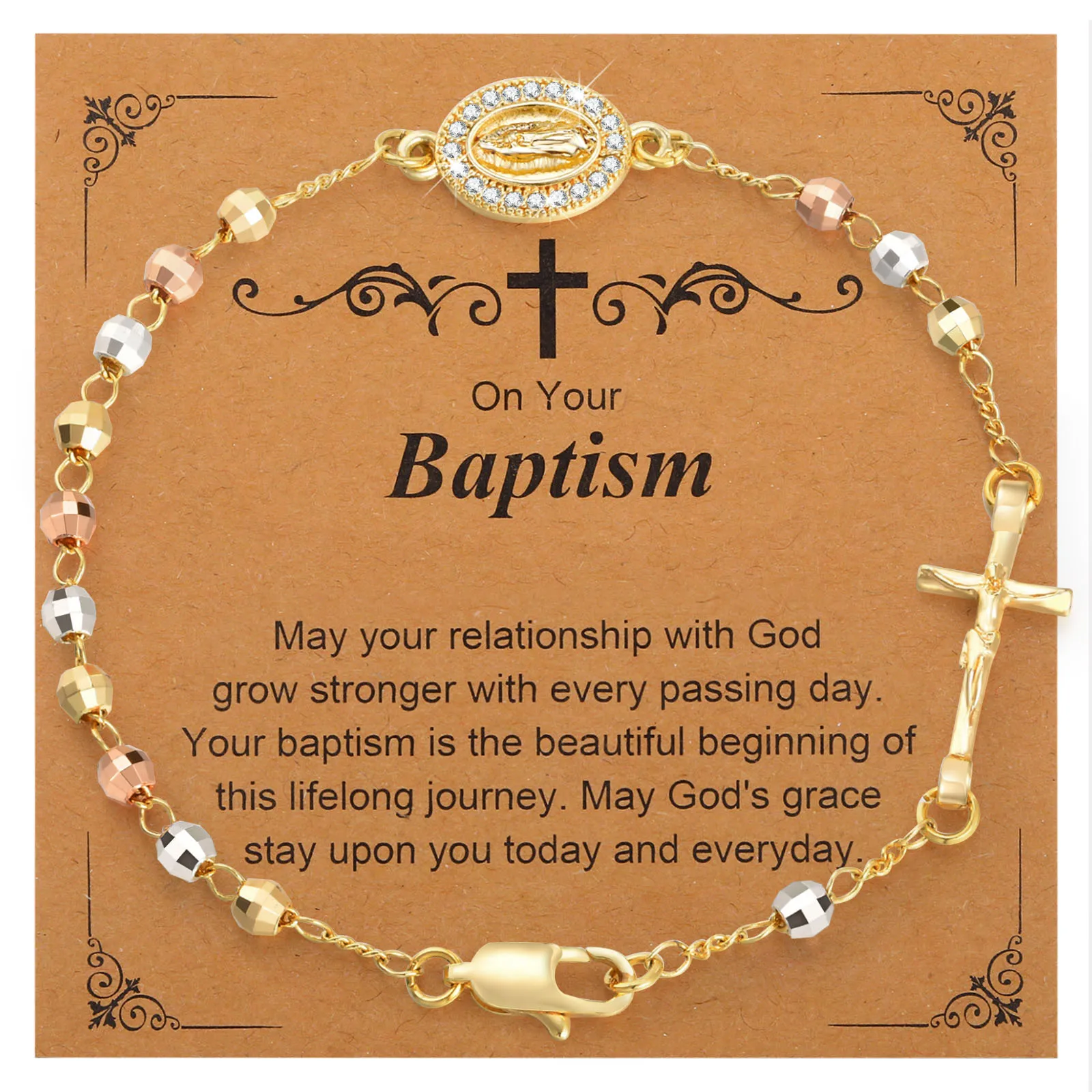 Catholic Gift for Women, Virgin Mary Rosary Bracelet with Cross Charm for Baptism, First Communion Religious Christian