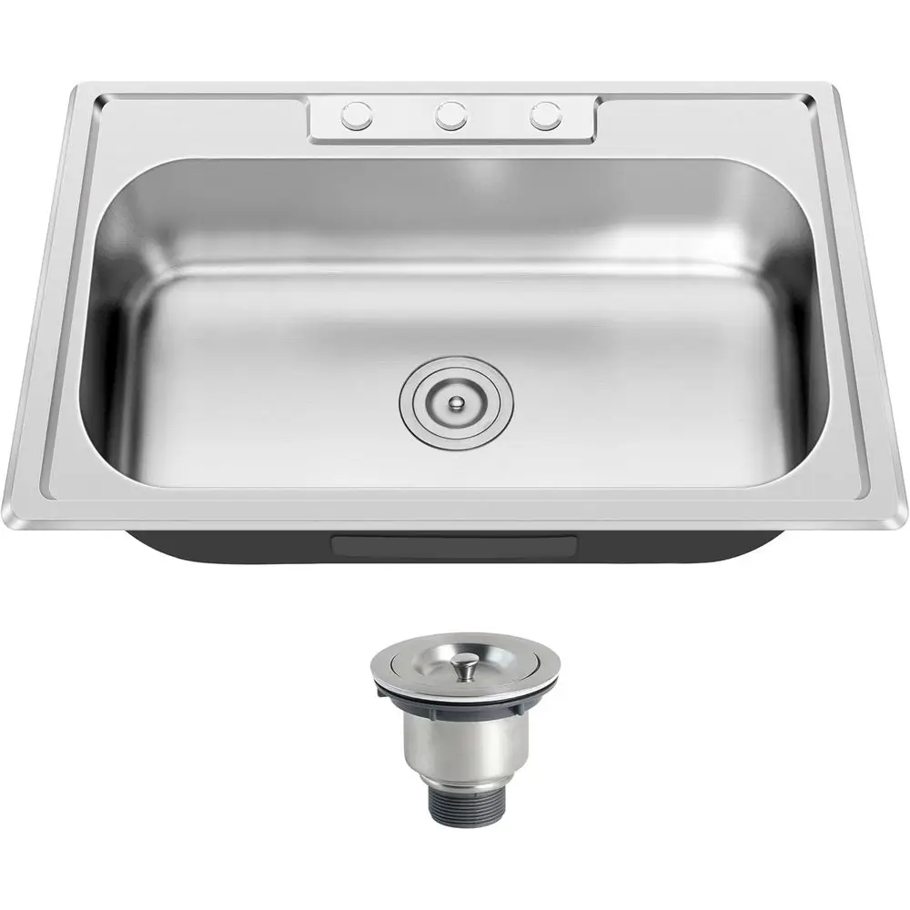 33x22 Drop In Single Bowl 33 Inch Topmount Kitchen Sink | 304 Stainless Steel, 18 Gauge Thick, Three Holes with Cover, U Channel