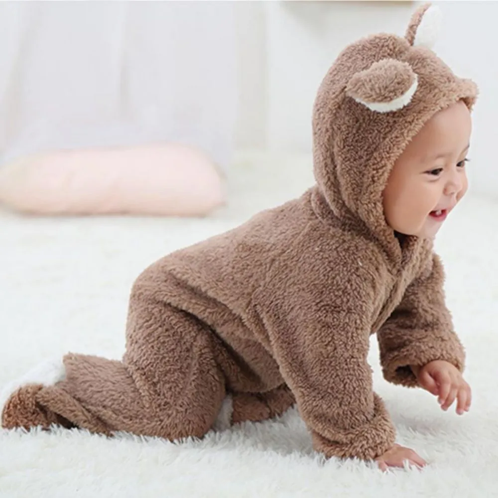 Baby Solid Flannel bodysuit for newborn boys girls 0-12M Long Sleeve Rompers with Bear Ear Winter Warm Crawl Suit Kids Homewear