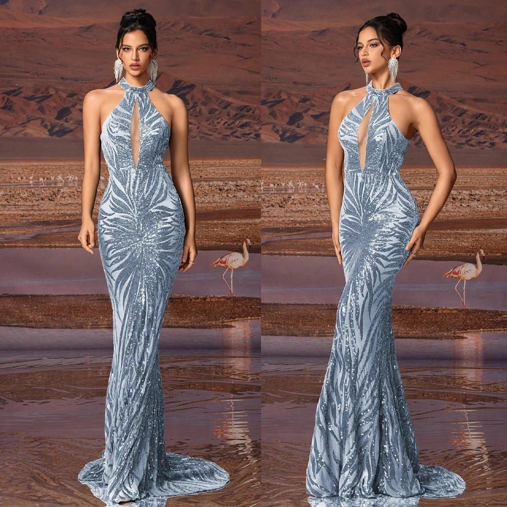 Stunning Evening Dresses Mermaid Halter Sequined Hollow Out Sleeveless Prom Gowns Party Dresses Customized فساتين سهرة