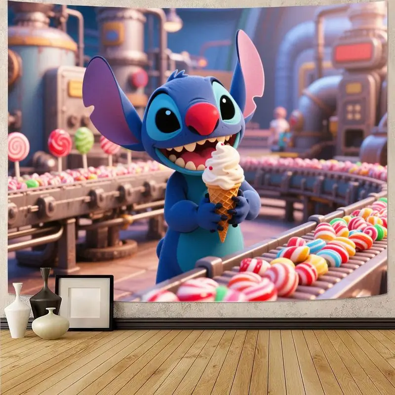 

1PC Cartoon Stitch Ice Cream Tapestry Cute Kawaii Wall Art Home Decor for Kids Room Modern Bedroom Living Room Gift