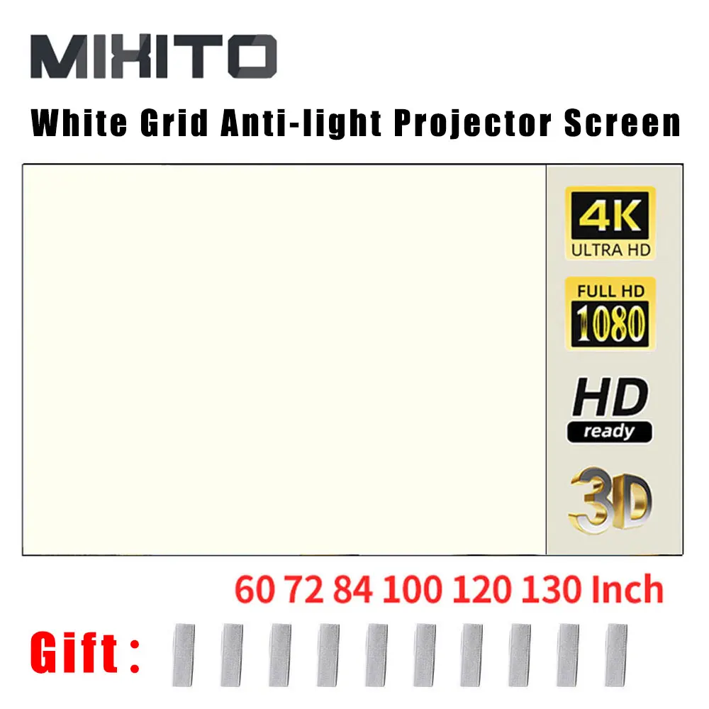 

MIXITO Simple White Grid Anti-Light Screen Portable Projector Screen 60 Inch - 130 Inch Home Office Projection Screen 16:9 Ratio