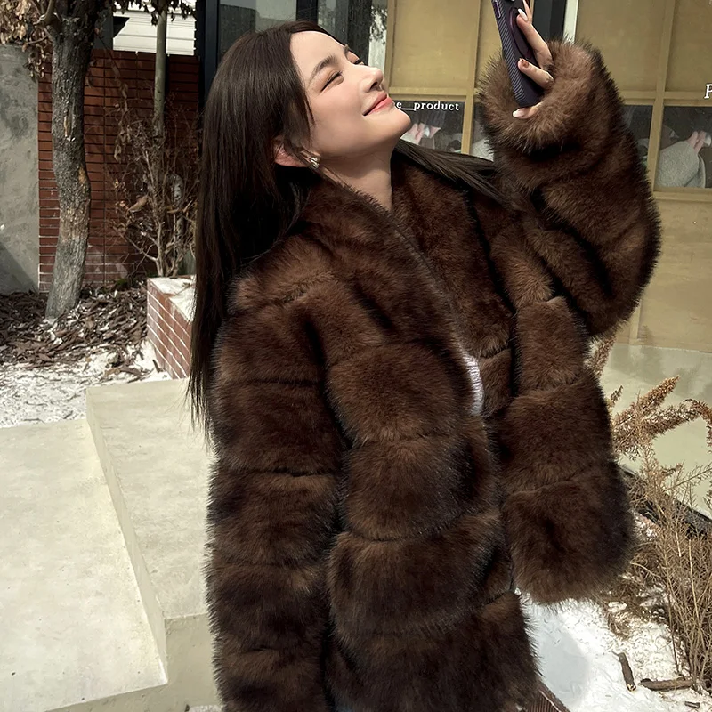 Faux Mink Fur Coat for Women Short Plush Jacket Warm Furry Overcoat Jackets Elegant Brown Eco Fur Coat  Winter Fashion 2023