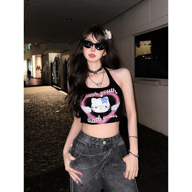 Kitty Angel Hello Kitty Sweet Cool Hottie Camisole Girl Summer Wears Black Short Sleeveless Halterneck Top