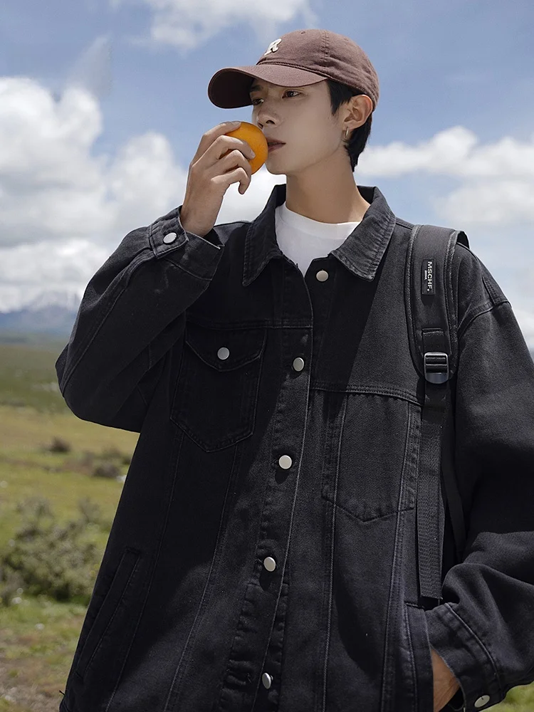 

Bla American Sle Denim Jaet Men's Retro Collar Workwear Jaet Casual Top for Couples Autumn Winter Loose Fit Cotton Po...