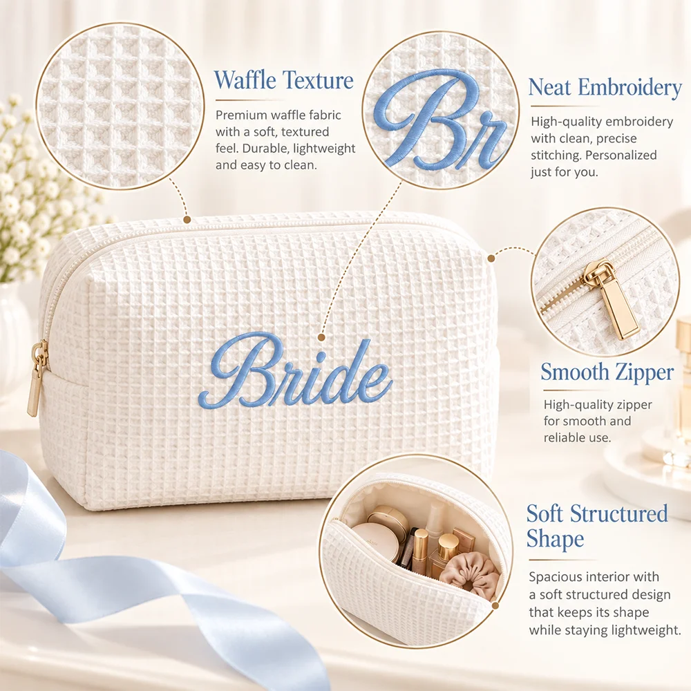 Custom Embroidered Name Waffle Makeup Bag, Personalized Cosmetic Pouch, Bridal Shower Gift, Travel Toiletry Storage Bag for Brid