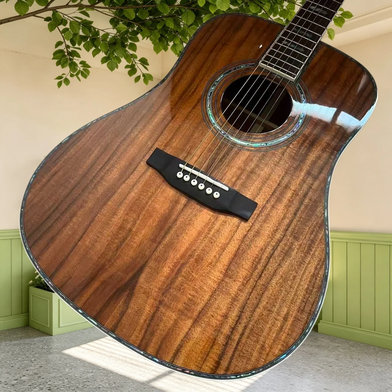 D-45 Koa Wood Dreadnought Acoustic Guitar Full‑Circle Abalone Binding Ebony Fretboard Advanced Folk Guitar Abalone Rosette