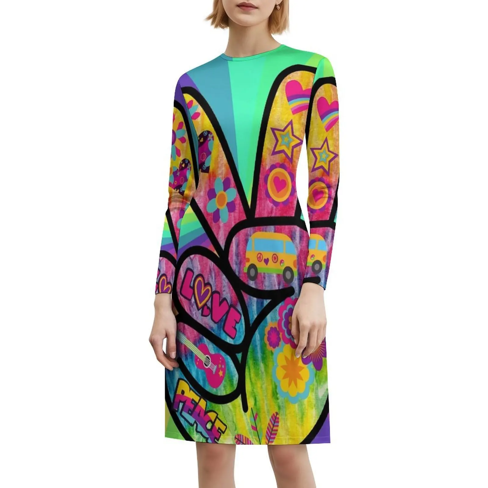 فستان Peace Man-Hippy Love Vibe بخلفية مخدر للنساء فستان أنيق للحفلات على شكل حرف a مع خيارات قصيرة/طويلة/بدون أكمام #6