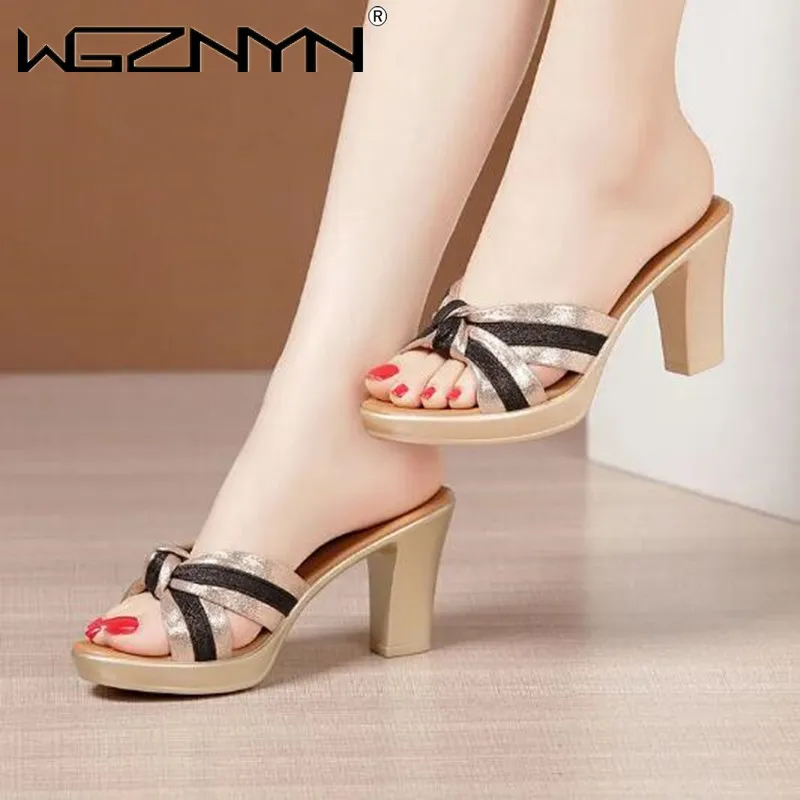 Fashion Elegant Stripe Bow Block High Heels Slides Women Platform Shoes Summer 2024 Thick Sole Slippers for Office Outside Shoes