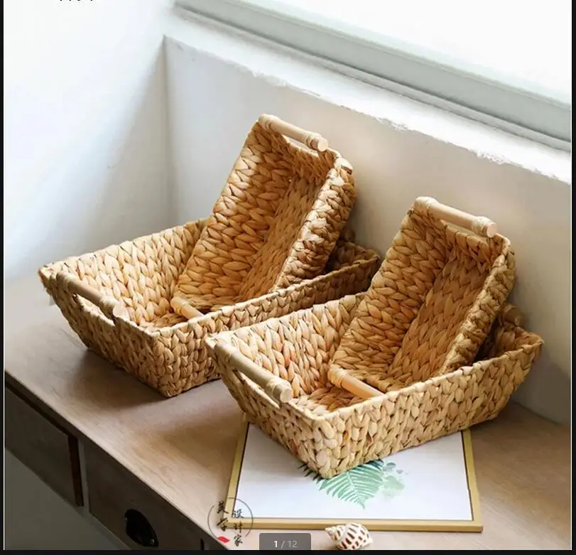 Hand-woven Storage Basket Rattan Box Rectangular Tray Desktop Grocery Organizer Fruit Snack Bread Baskets