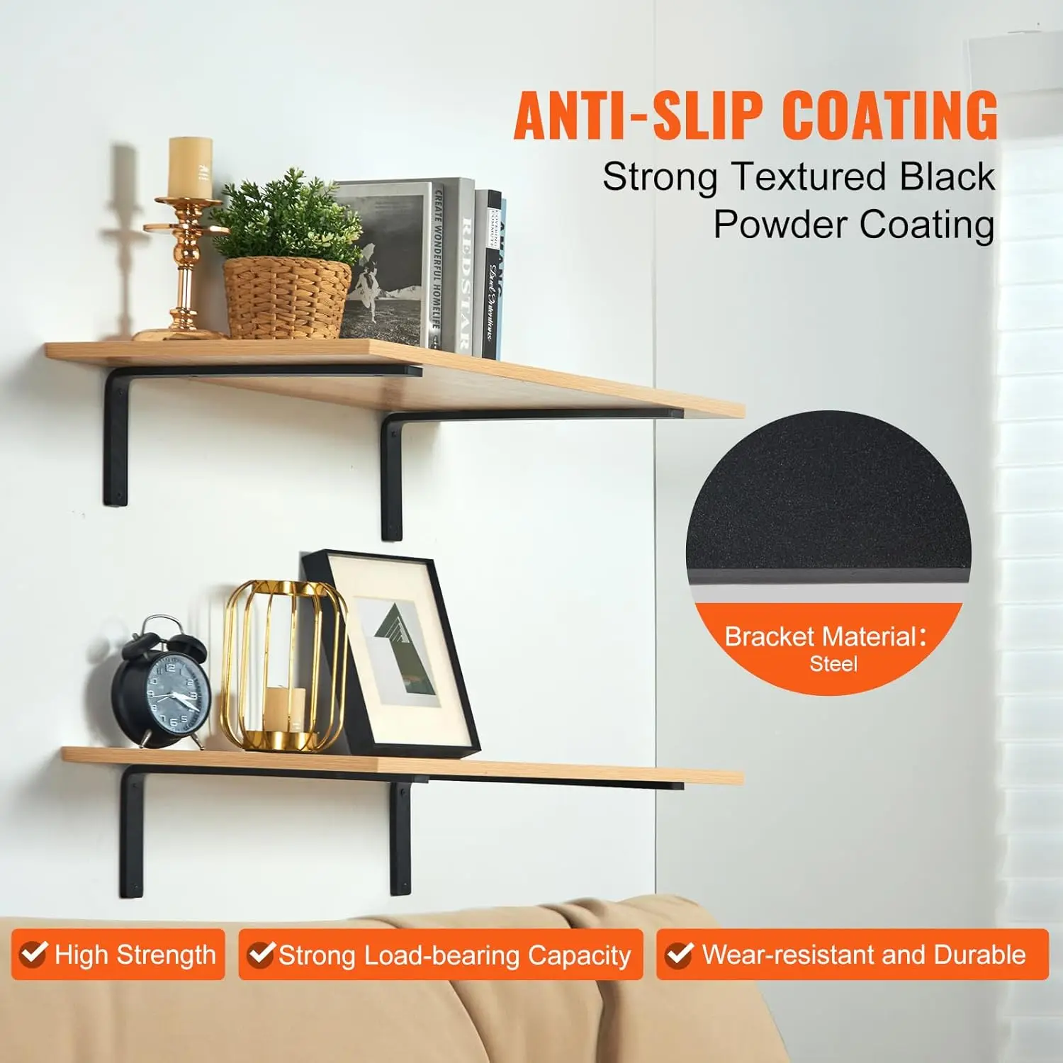 

10 x 6 in, 4 Pcs - Heavy Duty Floating Shelf Brackets, 5mm Thick Matte Black Steel Shelving Brackets with 160 lbs Load Capacity
