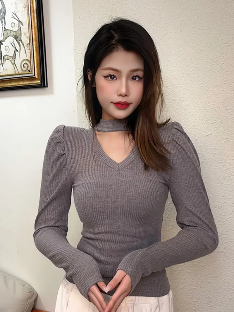 

Korea Slim Sexy V Neck Puff Sleeves Body Sweater Pullovers Long Sleeve Top Fashion Tops C764