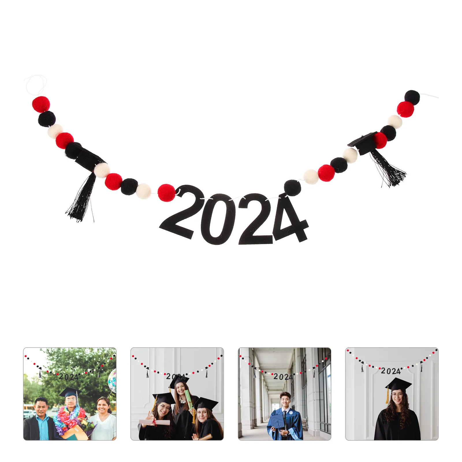 

1Set 2024 Graduation Banner Wool Ball Fringe Design Party Decor Hanging Bunting Garland Graduation Party Supplies