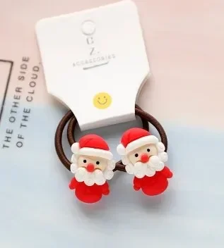 2 Pcs New Santa Claus Children\'s Hair Rope Matching Headwear Resin Cartoon Small Rubber Band Elk Snowman Hair Loop Accessories