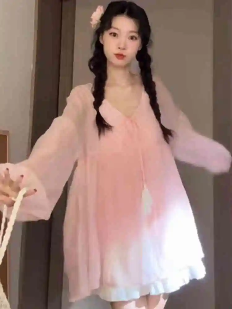 

Pink Thin Mesh Long Sleeve Shirt Women Summer Sweet Loose Bubble Sleeve Sunshade Cover up Top V Neck Tunic Korean Style