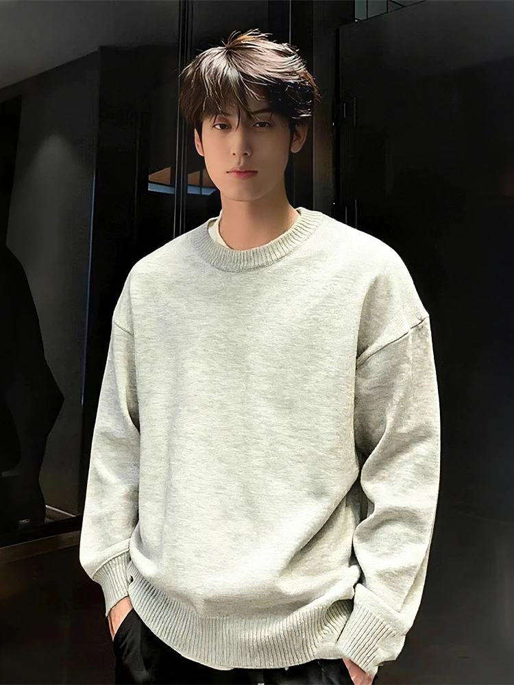 

Light ey round Ne Fce Lined Knitwear Men's Winter Inner Wear Casual Loose Fit Soft Polyester Fiber Long Sve irt