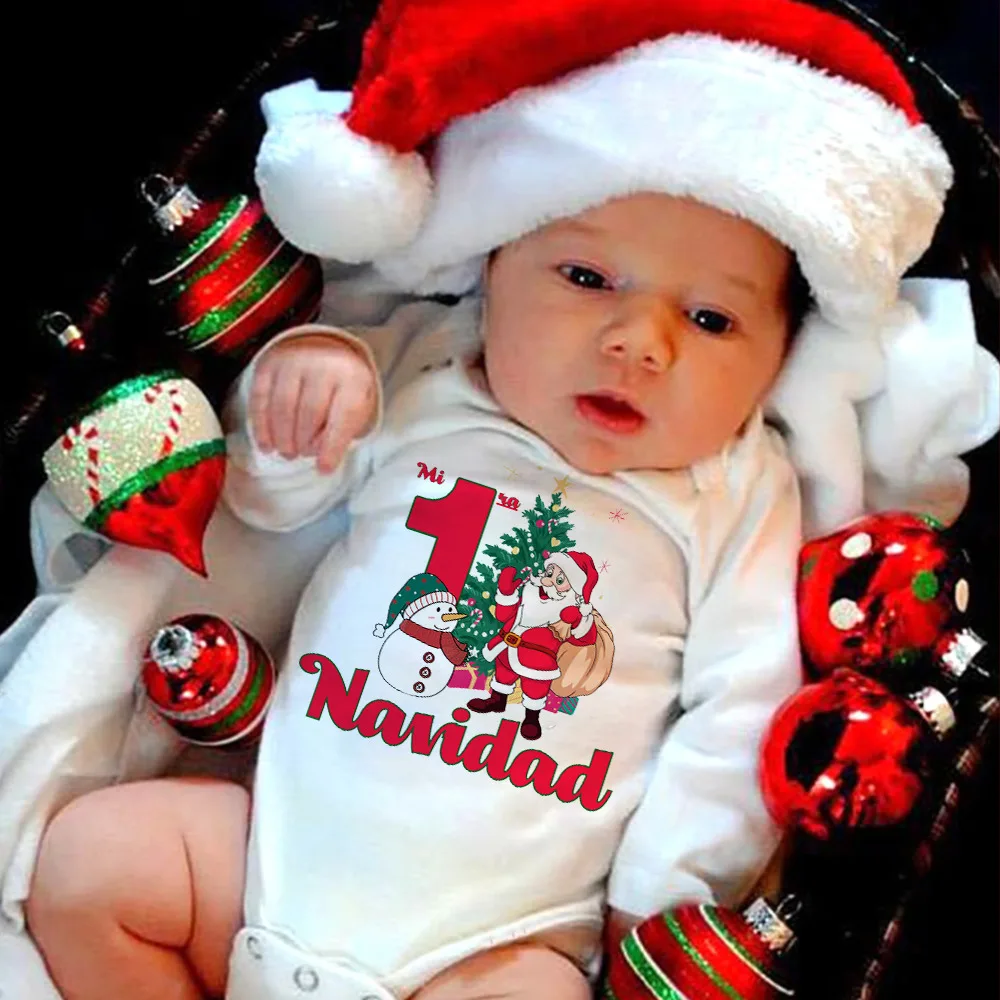 My 1st Christmas Spanish Print Baby Romper Christmas Party Newborn Long Sleeve Bodysuit Infant Holiday Outfit Bodysuit