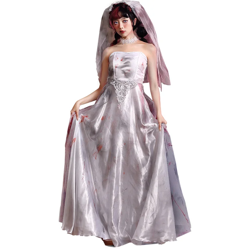 loween Costume da sposa zombie Matrimonio bianco stregato Dr Gonna lunga fino al pavimento con macchie di sangue Gioco di ruolo cosplay da donna...