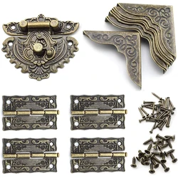 Vintage Jewelry Box Hardware Set - 1 Clasp + 4 Bronze Hinges + 8 Corner Protectors with Screws for Wooden Box & Cabinet Decorati