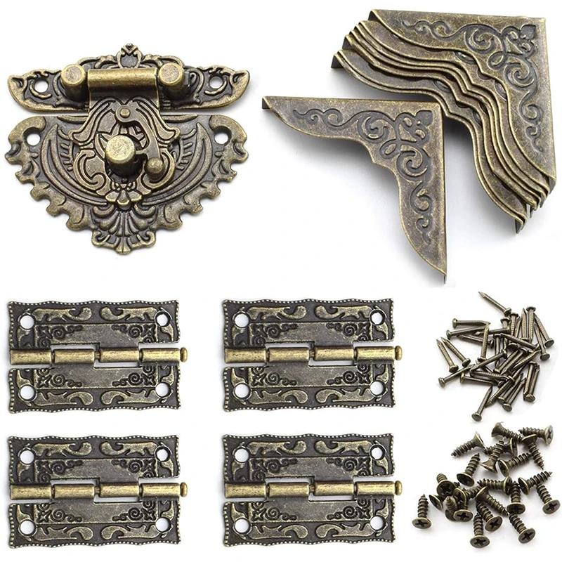 Retro Jewelry Box Kit: Antique Latch Hook, Vintage Bronze Hinge, Matching Screws for Decorative Cabinet & Wooden Box Project