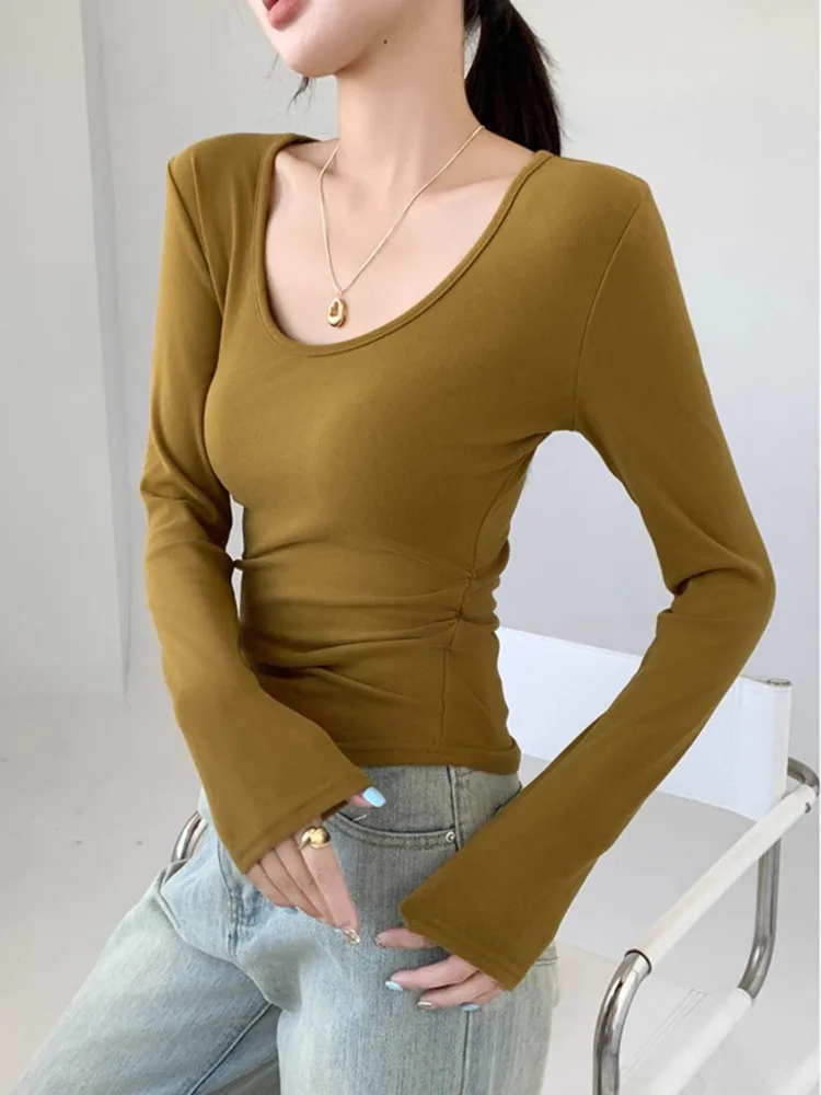 Women's Purple Short T-shirt Autumn Winter Casual Slim U-neck Long Sleeve Flods Tees Top Female Korean Fashion Warm T shirt 2024