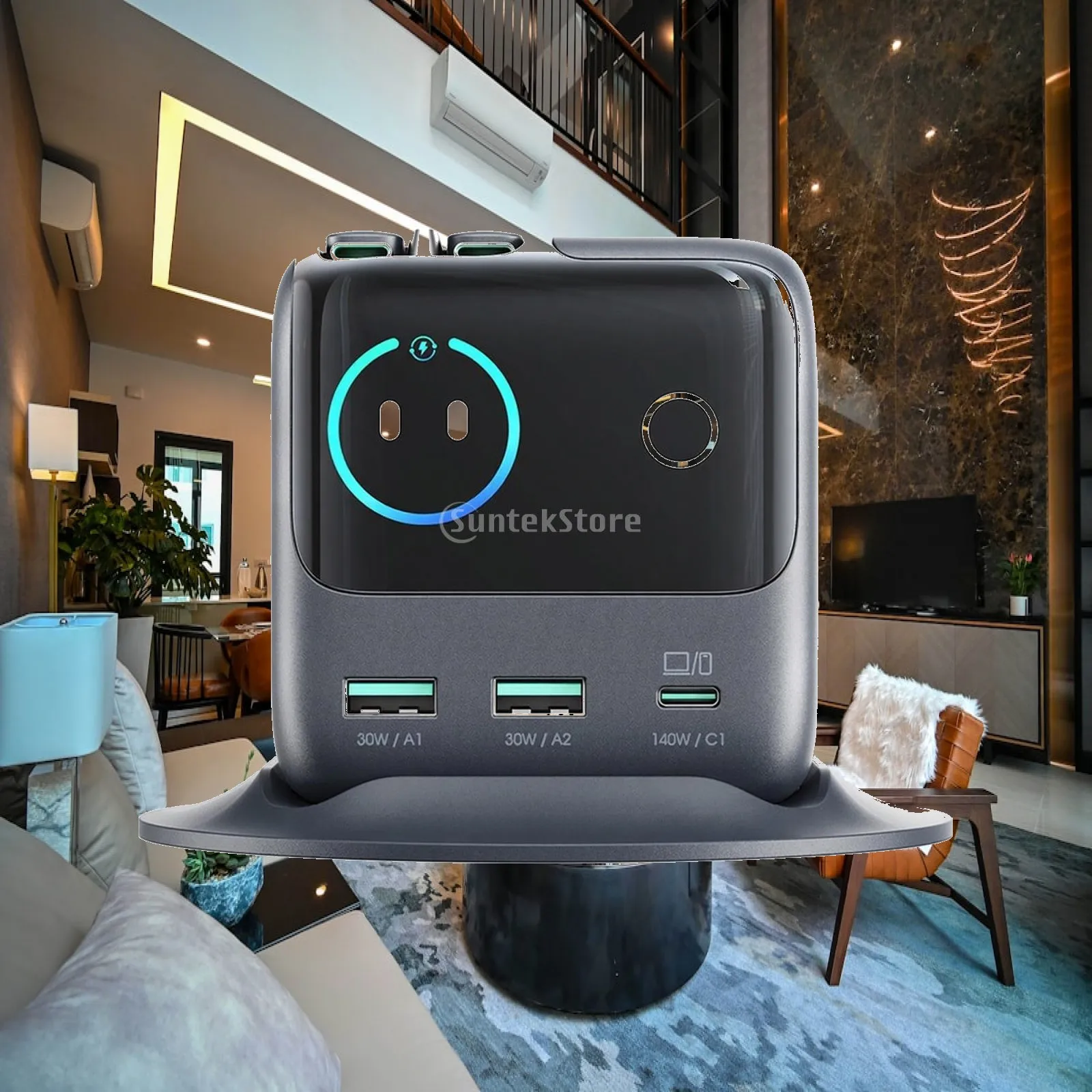 140W Gan Desktop Charging Station with Five Ports Dual Retractable Cables and Digital Power Display for Office Home Travel Use